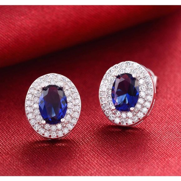 NEW SET 925 Sterling Silver Sapphire Earrings+Ring - Picture 5 of 10